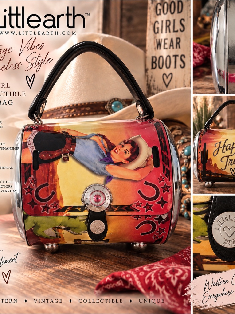 Little Earth Multicolor Western Pin-Up Barrel Handbag with Black Handle